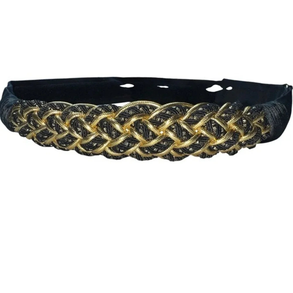 Vintage Women's Black Gold Braided‎ Belt, with Velcro Waistband